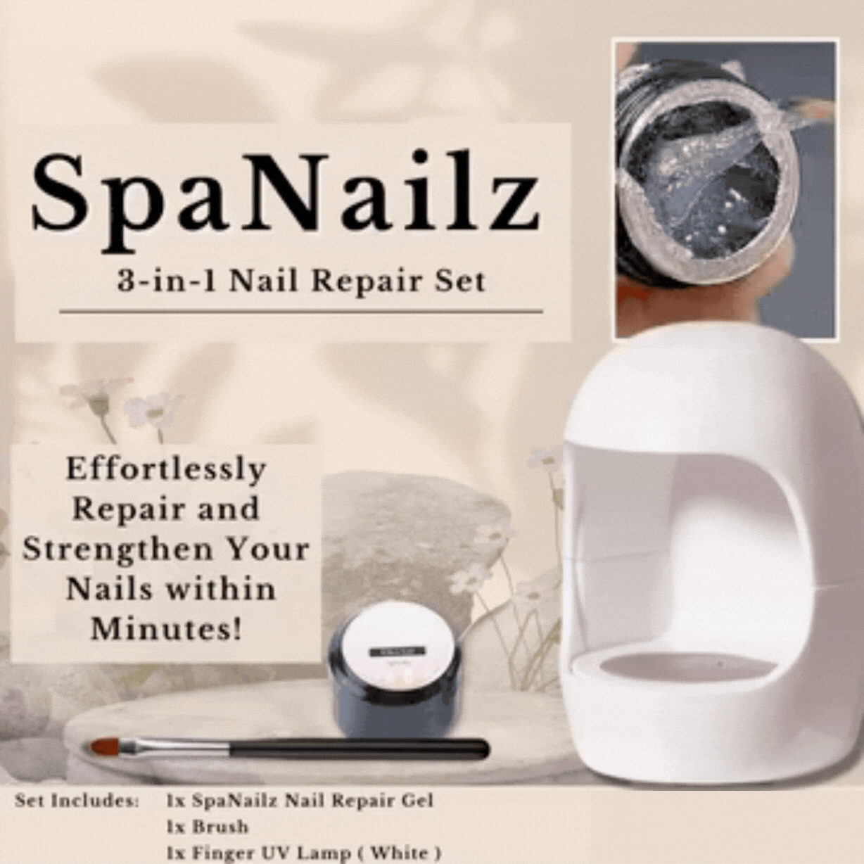 SpaNailz™ 3 in 1 Nagelreparatieset | incl. Penseel & UV-lamp